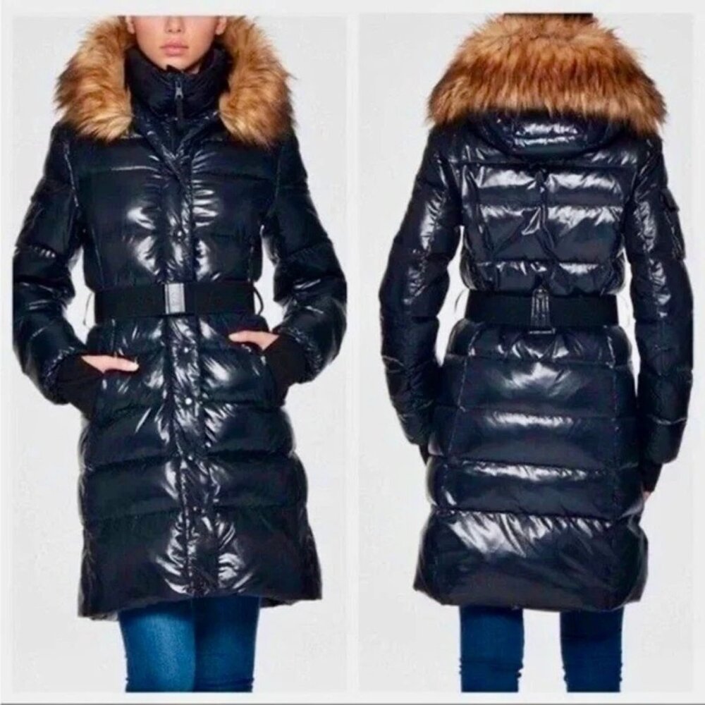 S13 New York Chalet Jet Puffer Down Jacket Womens Medium Black Gloss Belted